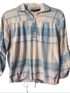 VTG 70s Blouse India Cotton Gauze | Pastel Plaid Boho Peasant Top M/L